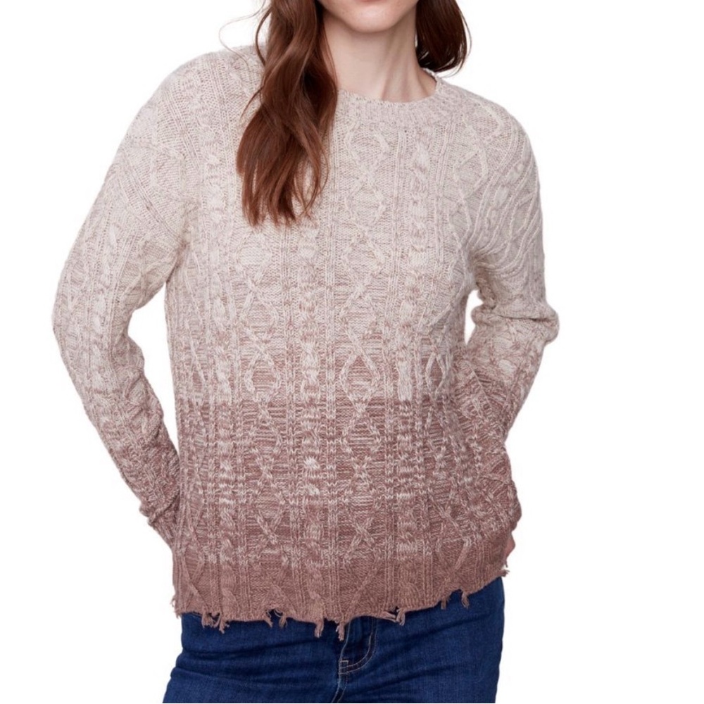 CHARLIE B Ombre Cable-Knit Crewneck Sweater in Cream to Brown Sz XL